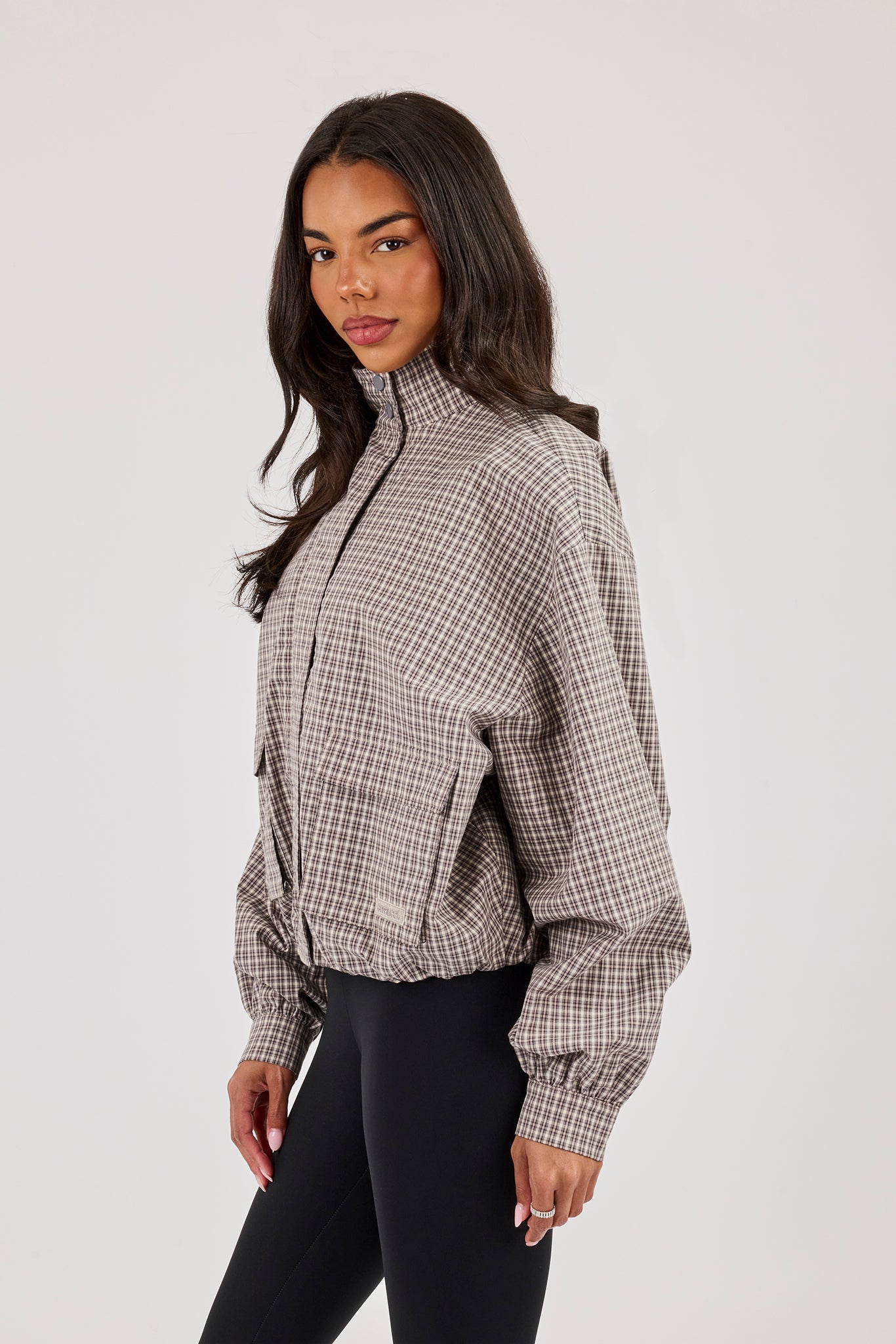 Check Nylon Funnel Neck Jacket - Beige